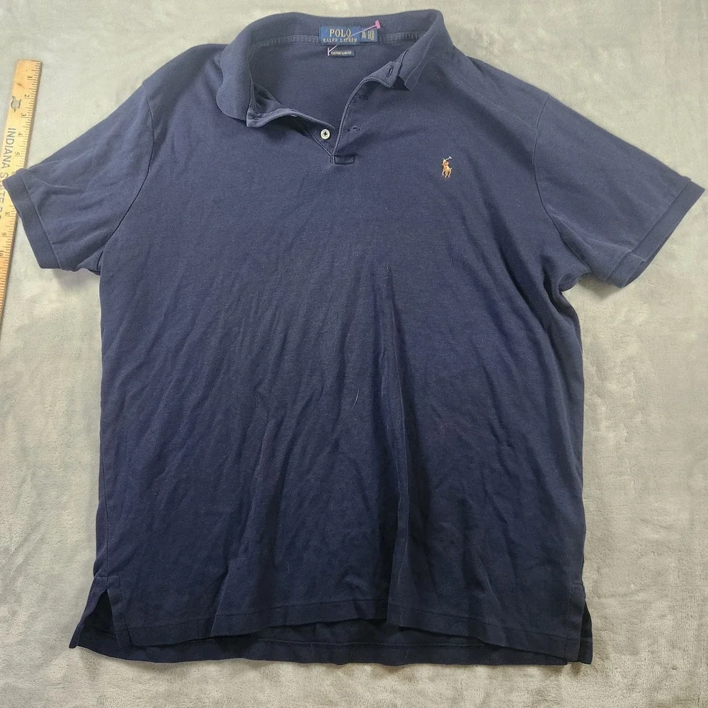 Polo Ralph Lauren Pima Custom Slim Fit Navy Blue Mens XL‎ Polo Shirt Flesh Pony